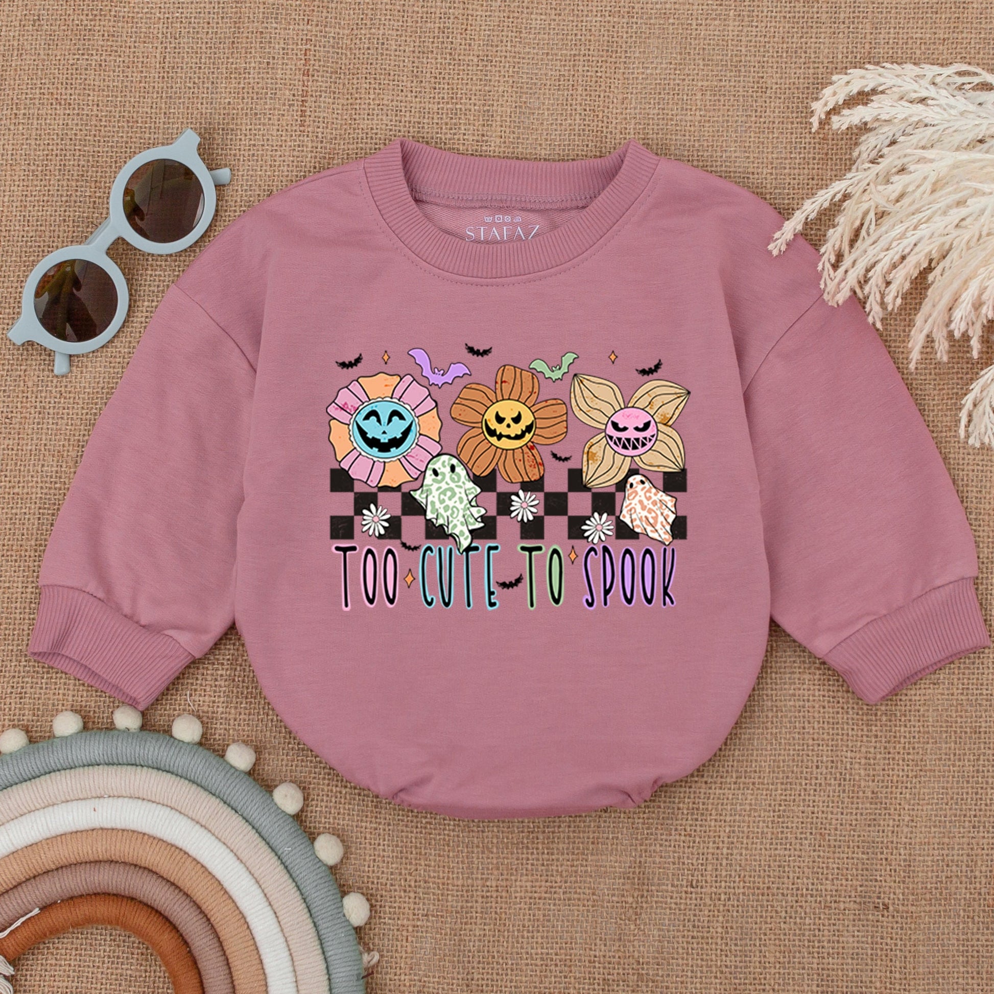 Baby Too Cute To Spook Halloween Bubble Romper My First Spooky Season Outfit with Playful Flowers, Ghosts, Bats & Checkered Print Bodysuit Gift