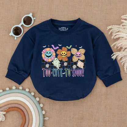 Baby Too Cute To Spook Halloween Bubble Romper My First Spooky Season Outfit with Playful Flowers, Ghosts, Bats & Checkered Print Bodysuit Gift