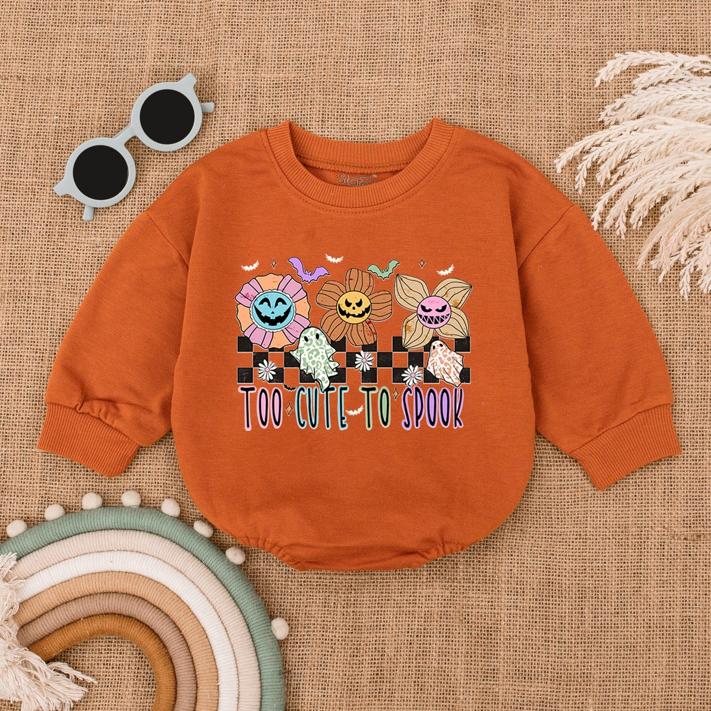 Baby Too Cute To Spook Halloween Bubble Romper My First Spooky Season Outfit with Playful Flowers, Ghosts, Bats & Checkered Print Bodysuit Gift