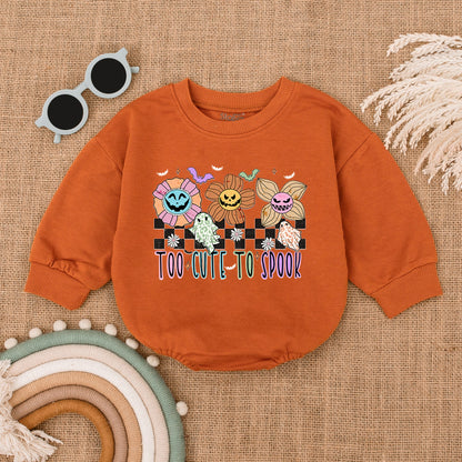 Baby Too Cute To Spook Halloween Bubble Romper My First Spooky Season Outfit with Playful Flowers, Ghosts, Bats & Checkered Print Bodysuit Gift