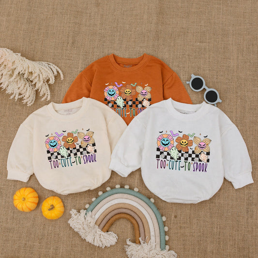 Baby Too Cute To Spook Halloween Bubble Romper My First Spooky Season Outfit with Playful Flowers, Ghosts, Bats & Checkered Print Bodysuit Gift