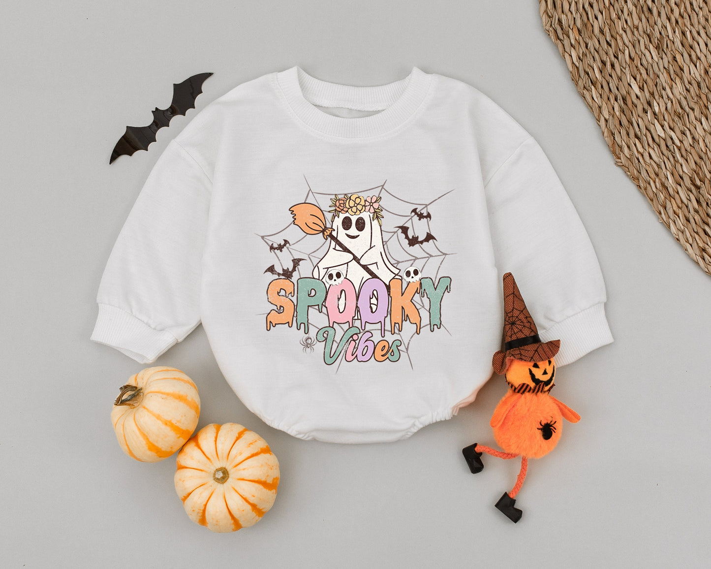 Retro Spooky Vibes Baby Romper - Cute Ghost Halloween Outfit for Baby Girl or Boy! Fall Bubble Romper Gift