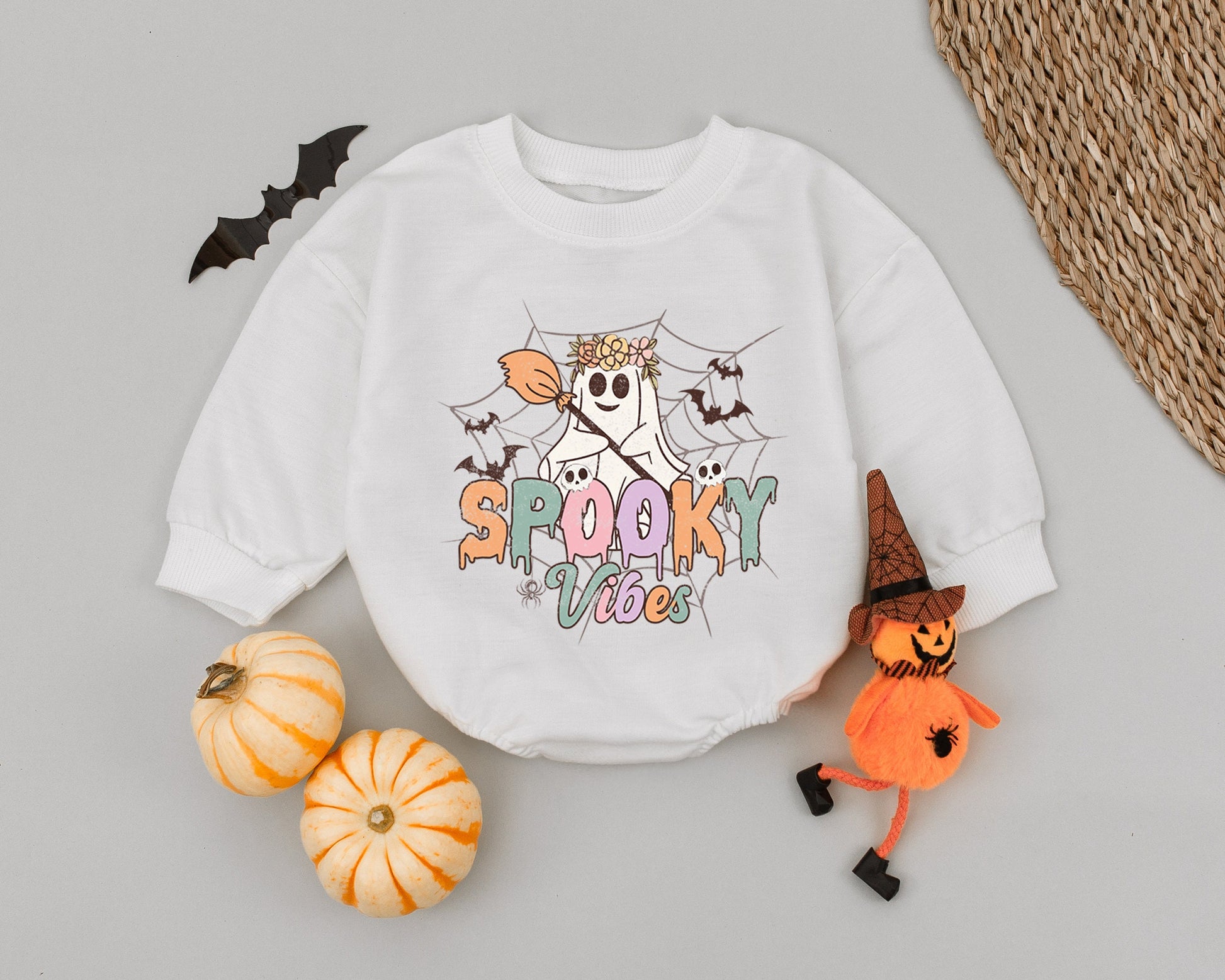 Retro Spooky Vibes Baby Romper - Cute Ghost Halloween Outfit for Baby Girl or Boy! Fall Bubble Romper Gift