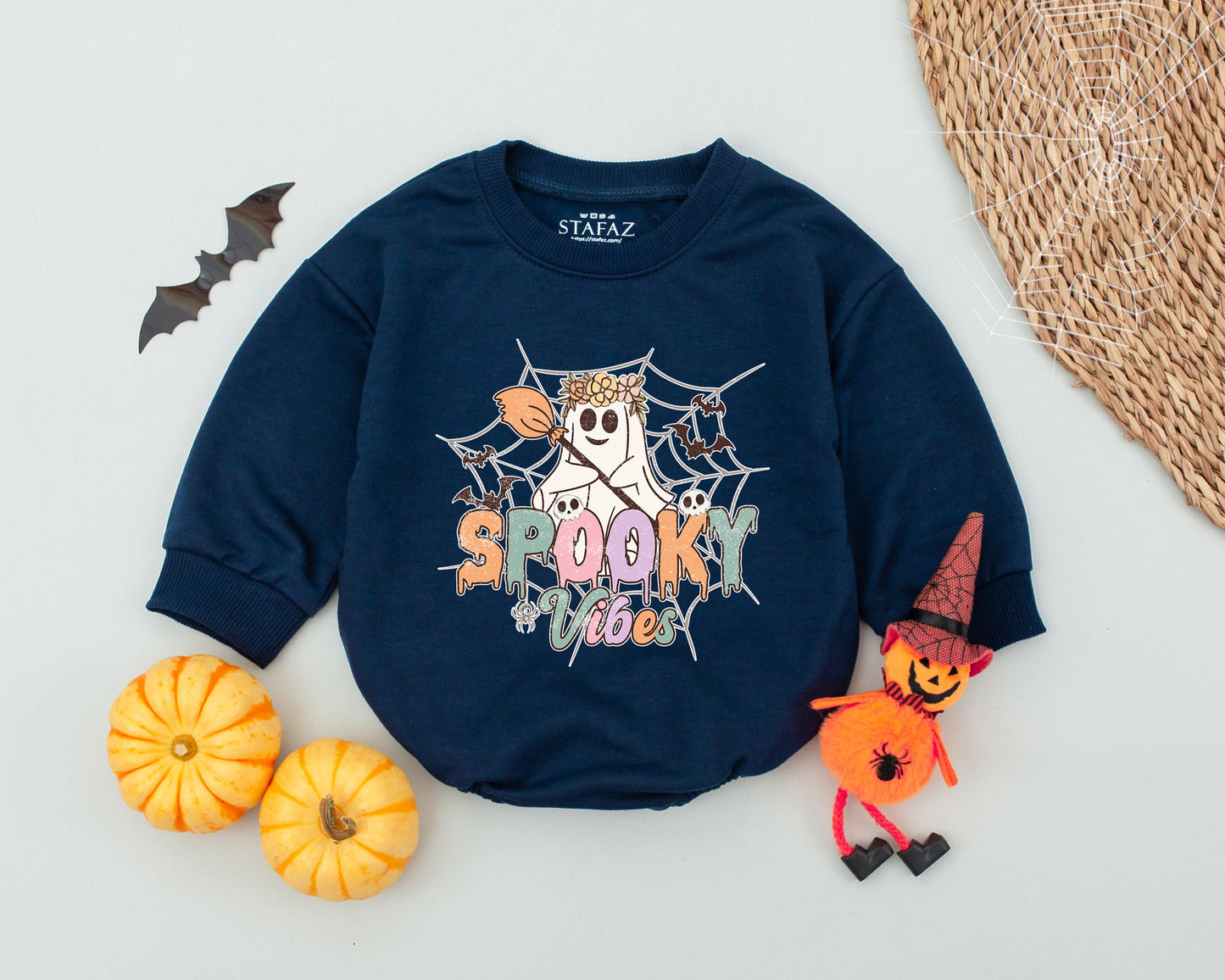 Retro Spooky Vibes Baby Romper - Cute Ghost Halloween Outfit for Baby Girl or Boy! Fall Bubble Romper Gift