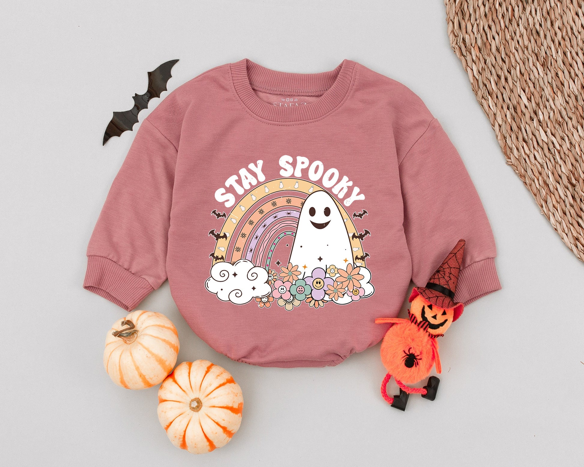 Groovy Spooky Ghost Baby Romper Vintage Flower Halloween Outfit Cute Pastel Rainbow Toddler Costume Fall Shower Gift Soft Cotton Comfortable