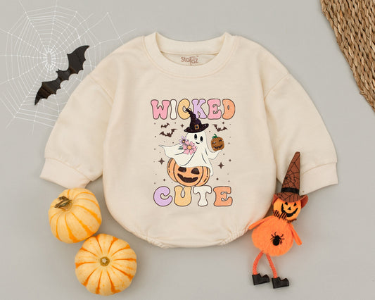 Retro Wicked Cute Ghost Baby Romper Pastel Halloween Outfit with Witch Hat Ghost and Pumpkin for Toddlers and Infants Perfect Baby Shower Gift
