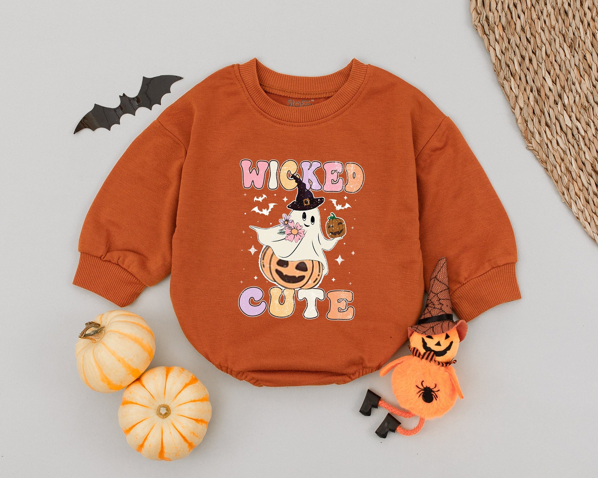 Retro Wicked Cute Ghost Baby Romper Pastel Halloween Outfit with Witch Hat Ghost and Pumpkin for Toddlers and Infants Perfect Baby Shower Gift