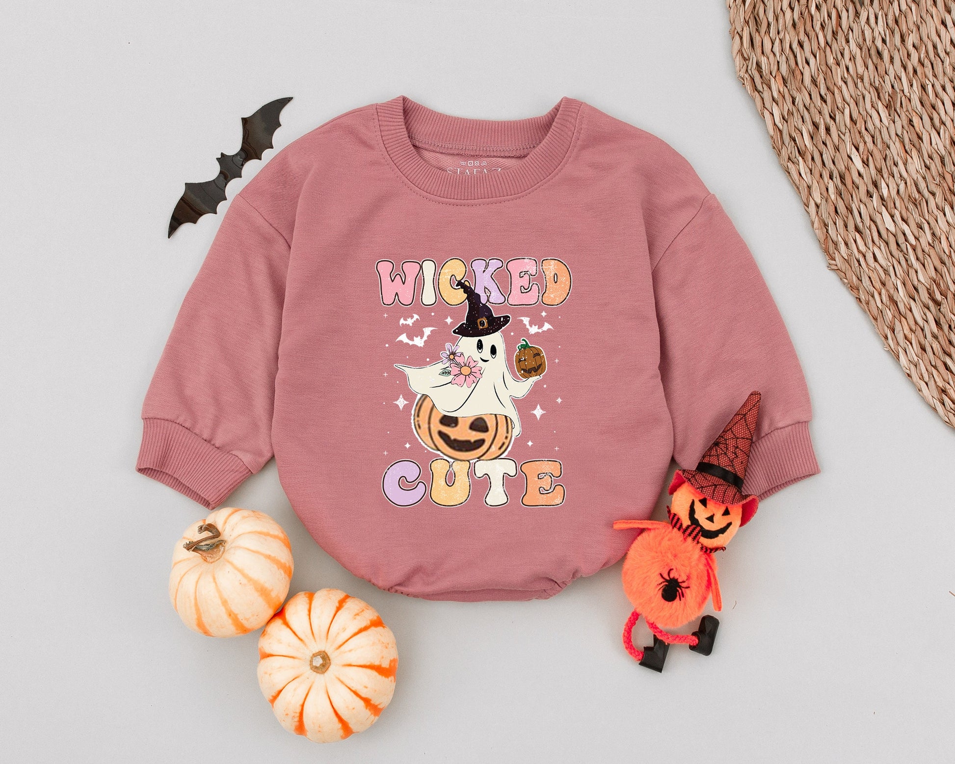 Retro Wicked Cute Ghost Baby Romper Pastel Halloween Outfit with Witch Hat Ghost and Pumpkin for Toddlers and Infants Perfect Baby Shower Gift