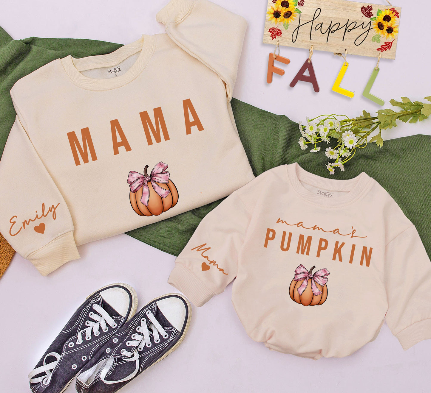 Matching Mama & Mama's Pumpkin Sweatshirts Mommy and Me Outfit Fall Thanksgiving Gift Custom Name Sleeve Heart Detail 140 Characters