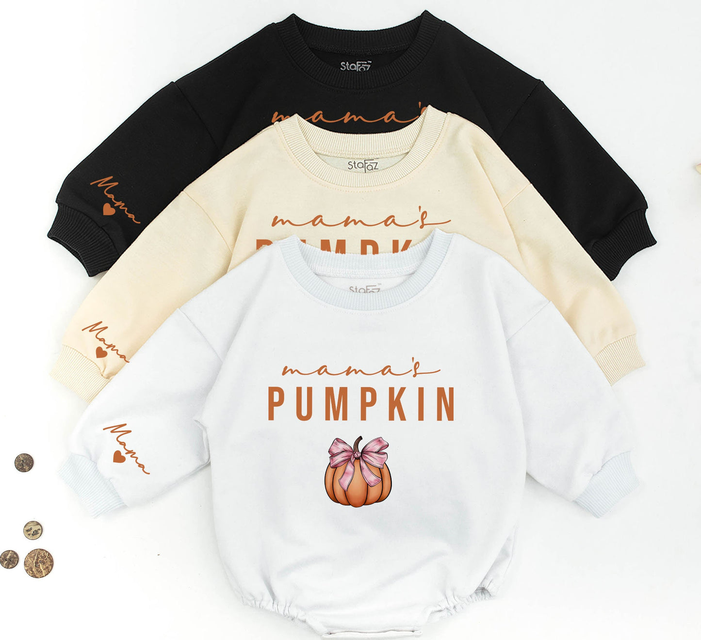 Matching Mama & Mama's Pumpkin Sweatshirts Mommy and Me Outfit Fall Thanksgiving Gift Custom Name Sleeve Heart Detail 140 Characters