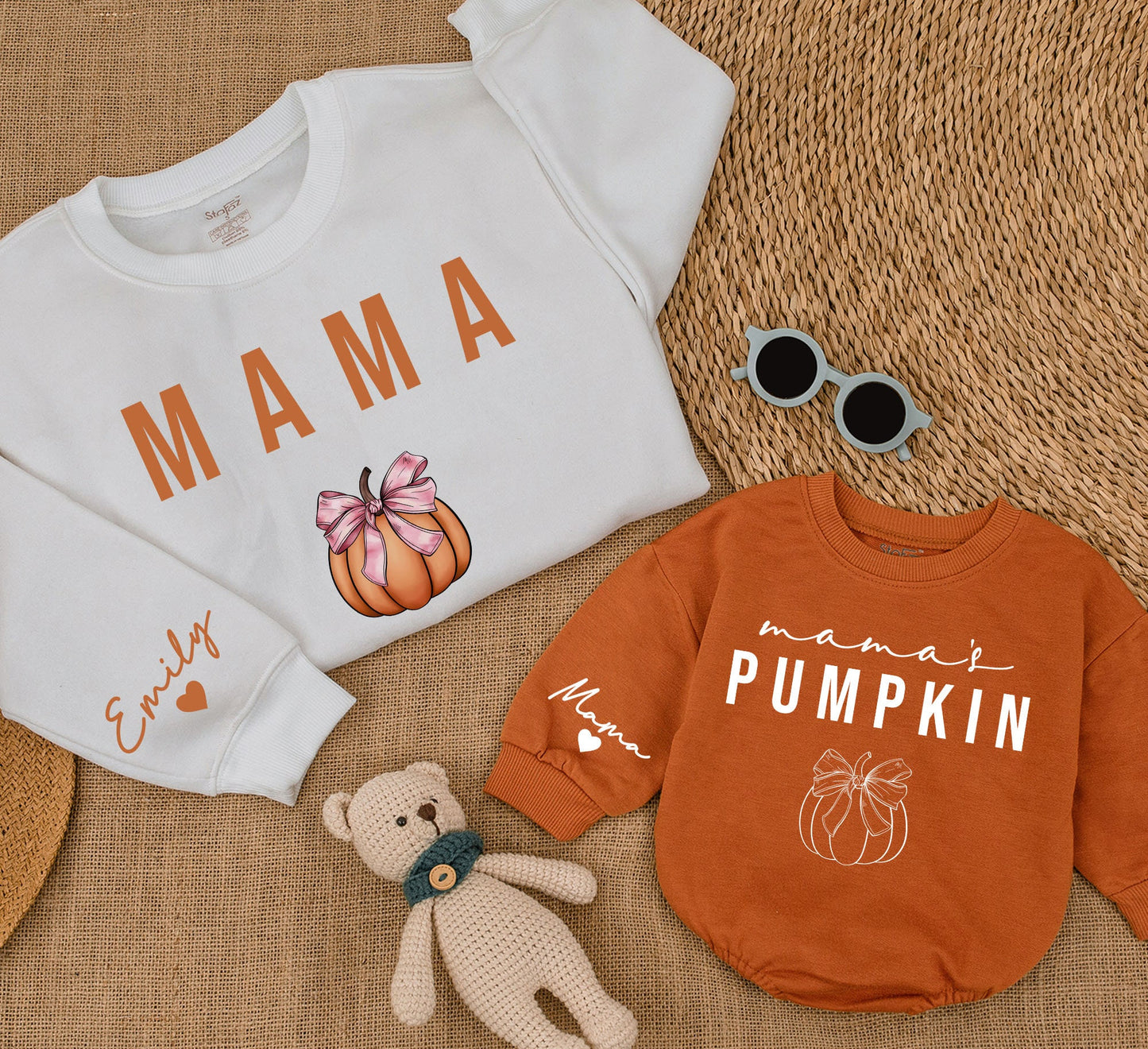 Matching Mama & Mama's Pumpkin Sweatshirts Mommy and Me Outfit Fall Thanksgiving Gift Custom Name Sleeve Heart Detail 140 Characters