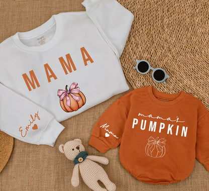 Matching Mama & Mama's Pumpkin Sweatshirts Mommy and Me Outfit Fall Thanksgiving Gift Custom Name Sleeve Heart Detail 140 Characters