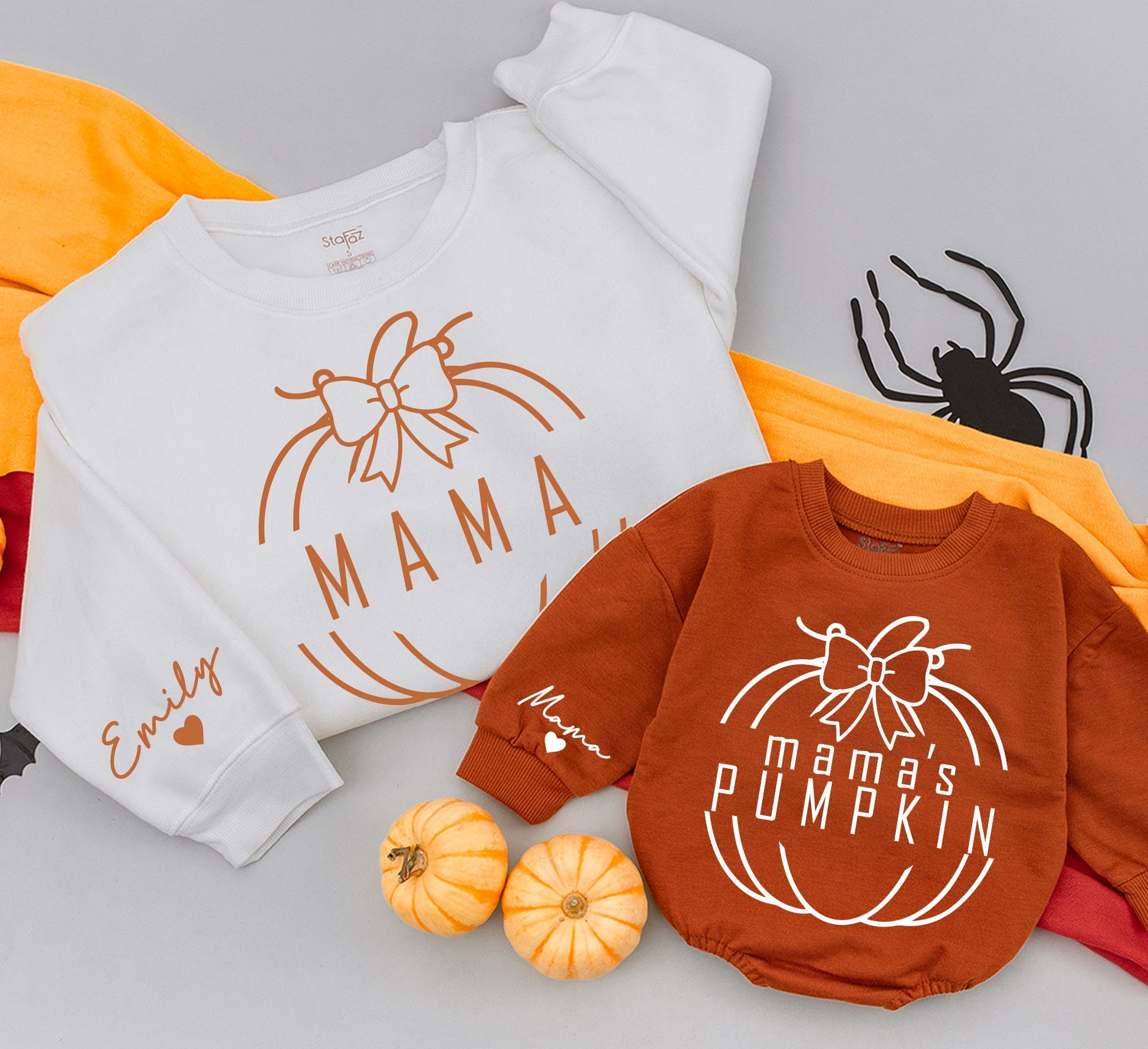 Custom Mama Pumpkin Sweatshirt & Baby Romper Matching Fall Outfits White Pumpkin Bow Design Personalized Name Sleeve Cozy Family Gifts