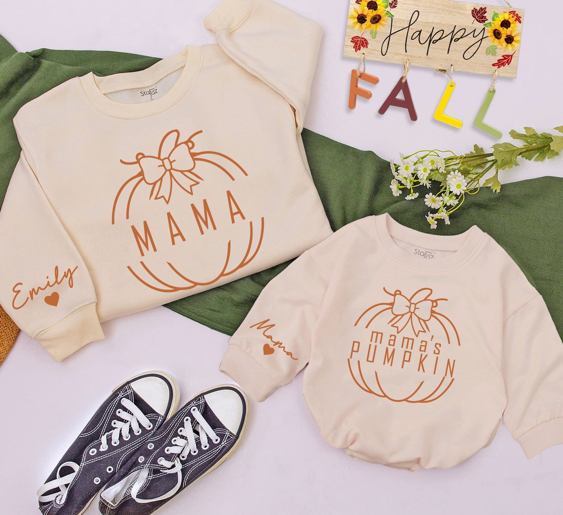 Custom Mama Pumpkin Sweatshirt & Baby Romper Matching Fall Outfits White Pumpkin Bow Design Personalized Name Sleeve Cozy Family Gifts