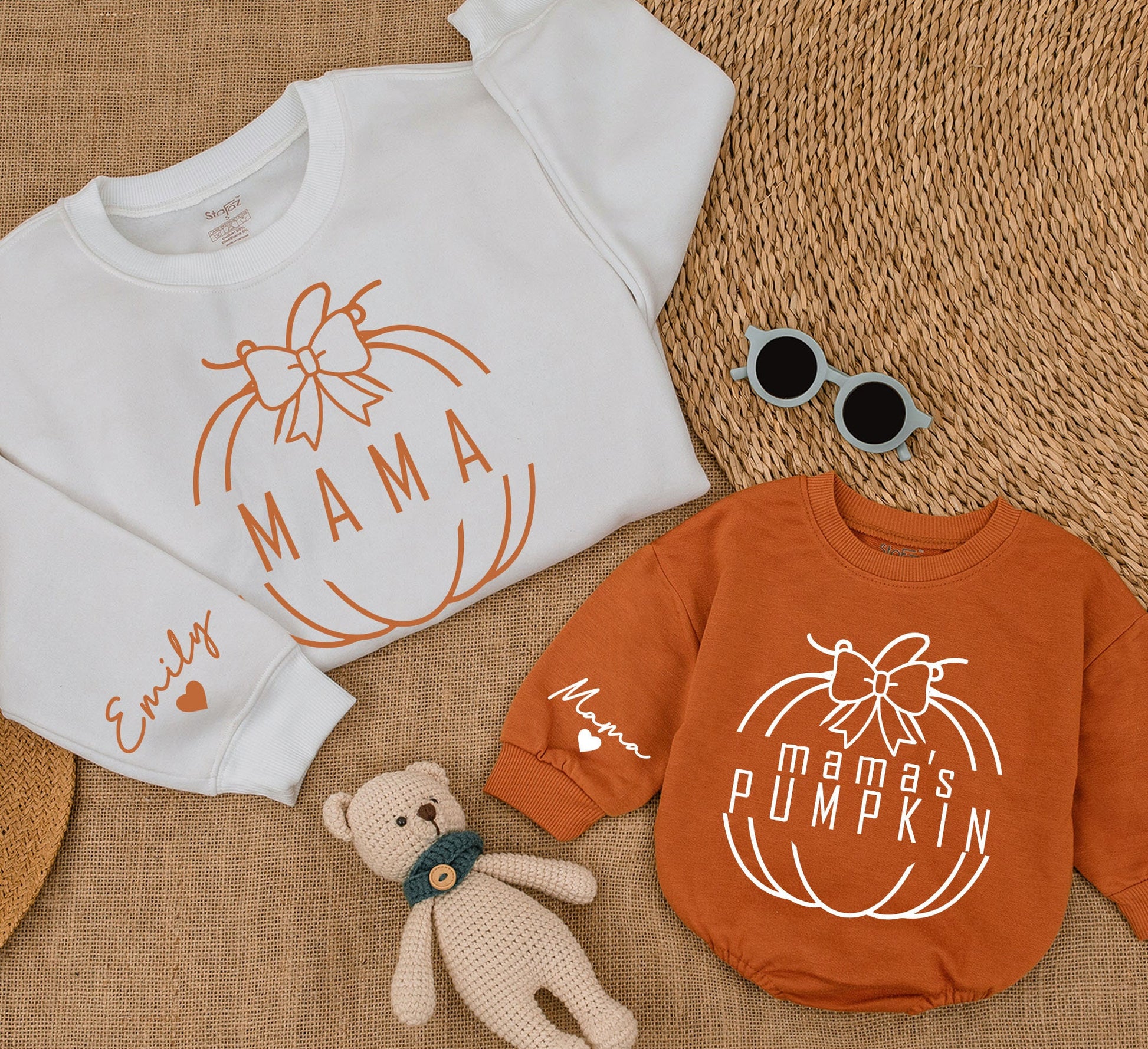 Custom Mama Pumpkin Sweatshirt & Baby Romper Matching Fall Outfits White Pumpkin Bow Design Personalized Name Sleeve Cozy Family Gifts