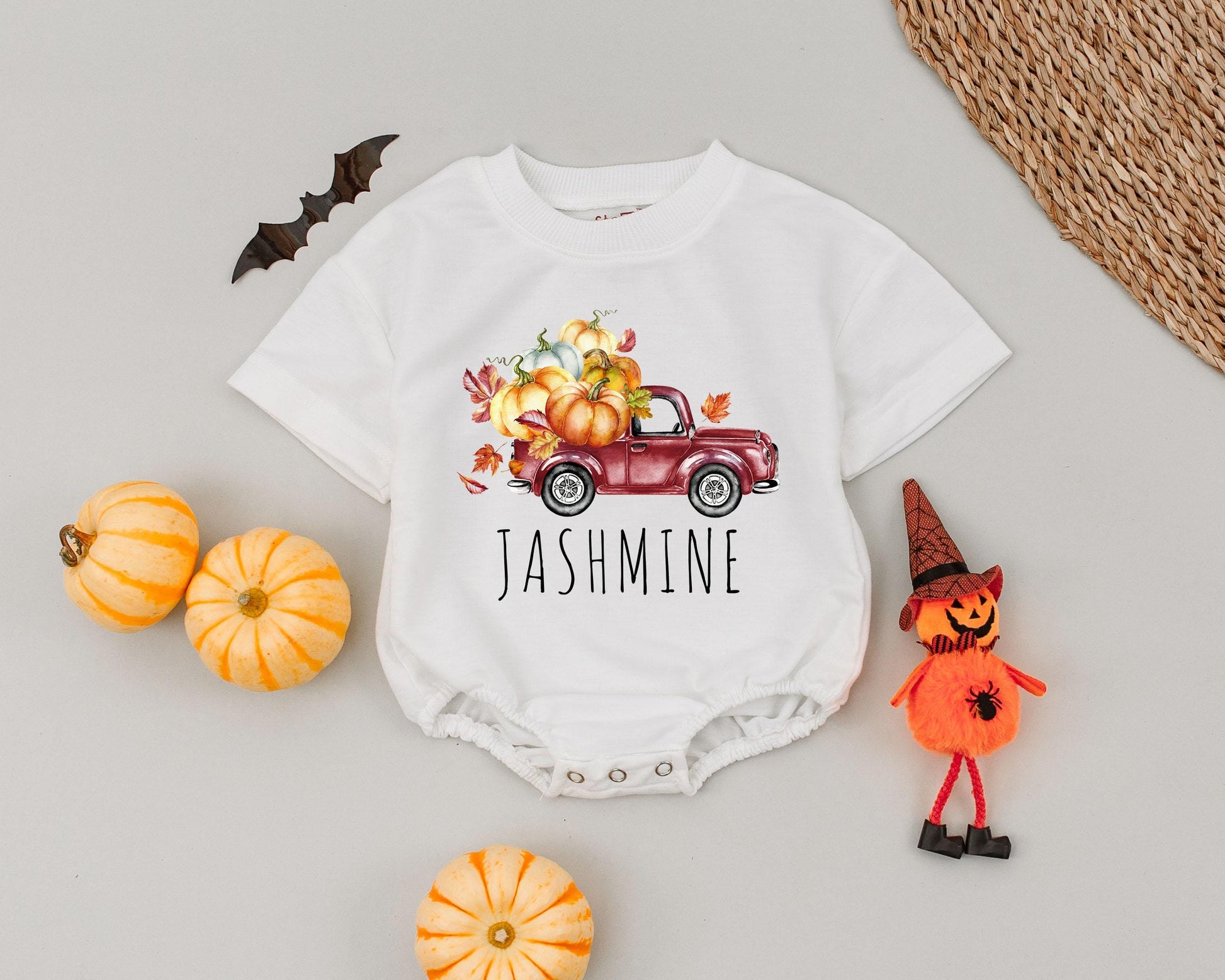 First Halloween Personalized Romper: Pumpkin Spice & Truck Outfit  