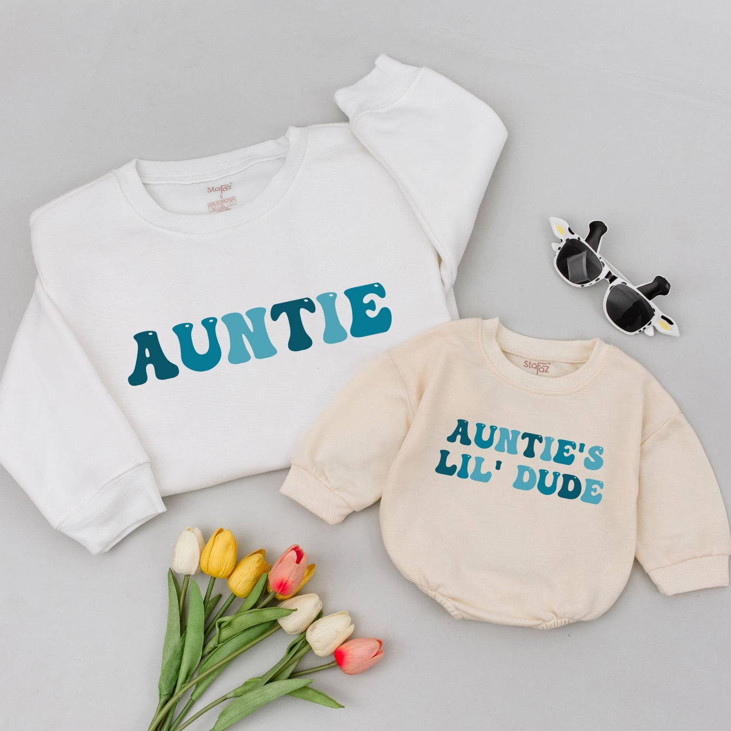 Auntie & Lil' Dude Matching Sweatshirts: Retro Teal & Blue Design, Gift for Aunt, Baby Boy, Birthday