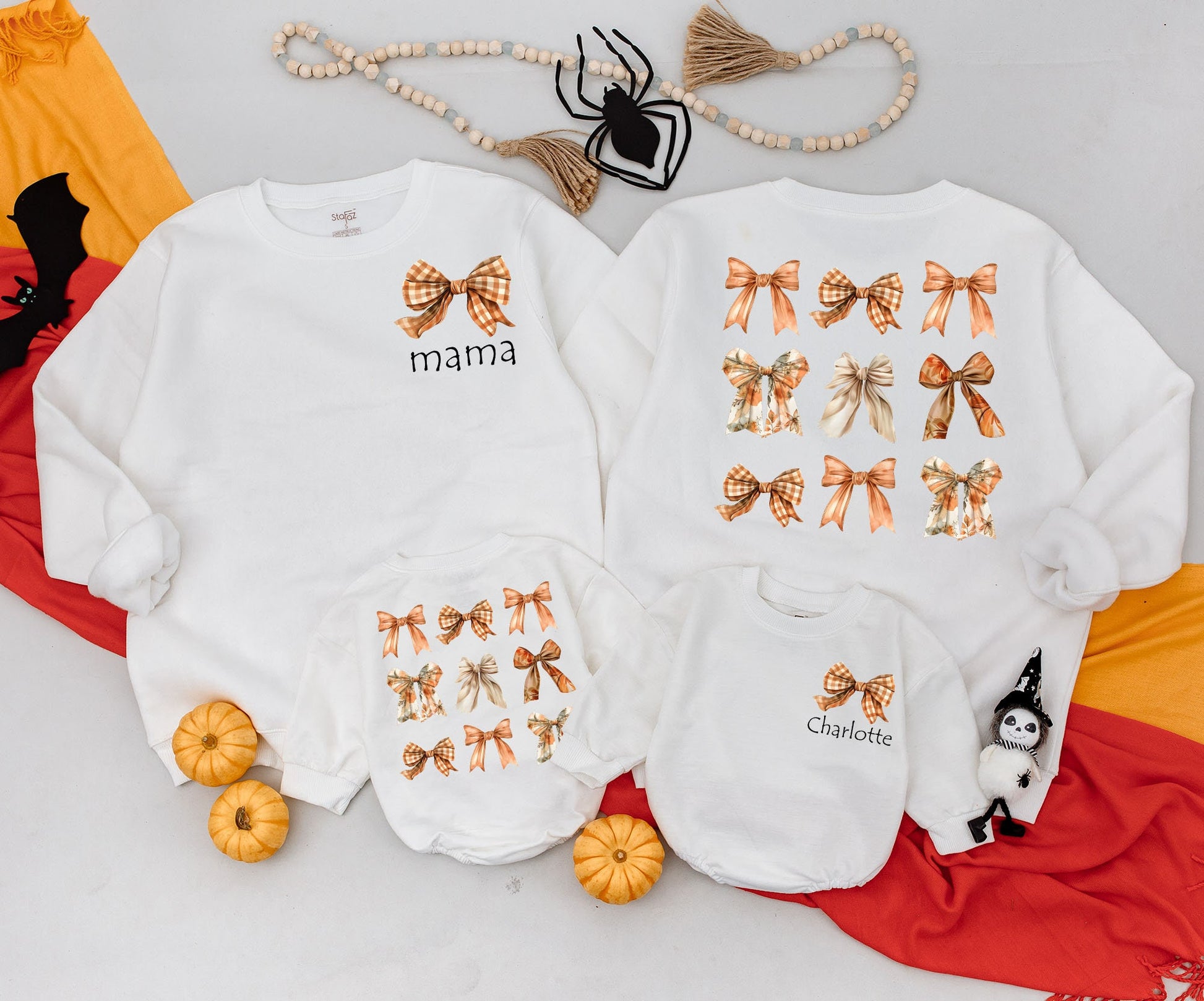 Mama & Mini Autumn Bow Sweatshirts Custom Names Vintage Fall Vibes Outfit Personalized Family Matching Cozy Kid Sweater Baby Romper Gift Idea