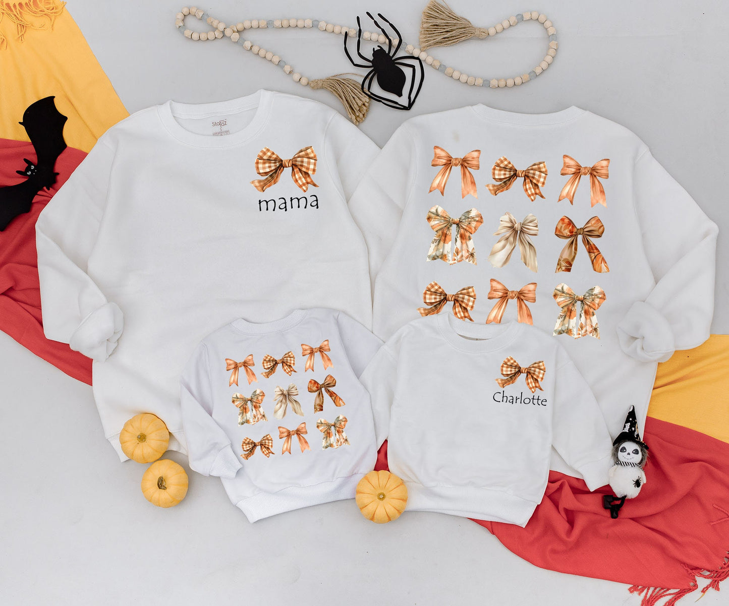 Mama & Mini Autumn Bow Sweatshirts Custom Names Vintage Fall Vibes Outfit Personalized Family Matching Cozy Kid Sweater Baby Romper Gift Idea