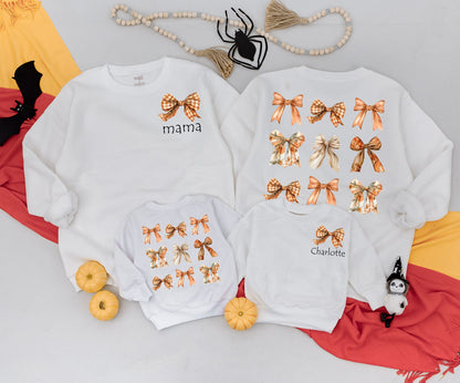 Mama & Mini Autumn Bow Sweatshirts Custom Names Vintage Fall Vibes Outfit Personalized Family Matching Cozy Kid Sweater Baby Romper Gift Idea