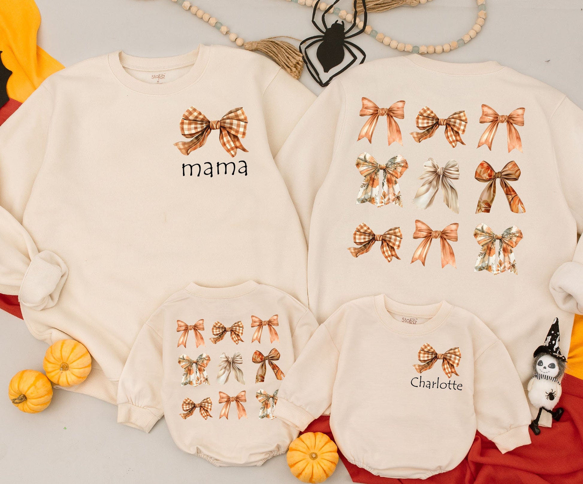 Mama & Mini Autumn Bow Sweatshirts Custom Names Vintage Fall Vibes Outfit Personalized Family Matching Cozy Kid Sweater Baby Romper Gift Idea