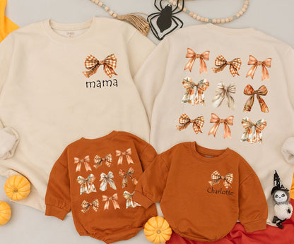 Mama & Mini Autumn Bow Sweatshirts Custom Names Vintage Fall Vibes Outfit Personalized Family Matching Cozy Kid Sweater Baby Romper Gift Idea