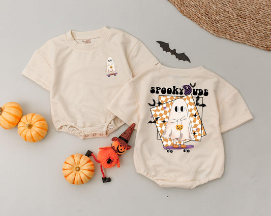 My First Halloween Spooky Dude Romper Retro Ghost Skateboard Orange Checkered Baby Bodysuit Infant Boys Girls Vintage Stars Bats Pumpkin Outfit