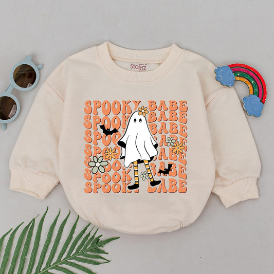 Spooky Babe Ghost Romper - First Halloween Baby Outfit for Girls, Retro Orange Design, Cute & Playful Fall Baby Shower Gift