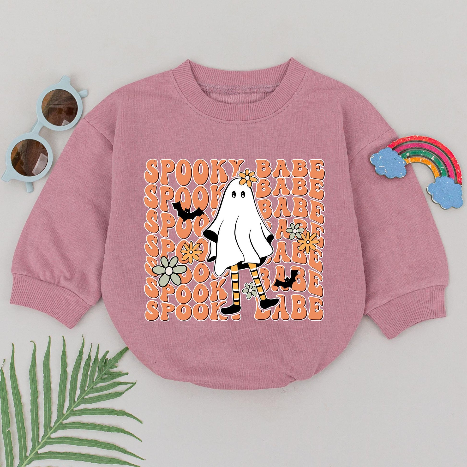 Spooky Babe Ghost Romper - First Halloween Baby Outfit for Girls, Retro Orange Design, Cute & Playful Fall Baby Shower Gift