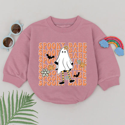 Spooky Babe Ghost Romper - First Halloween Baby Outfit for Girls, Retro Orange Design, Cute & Playful Fall Baby Shower Gift