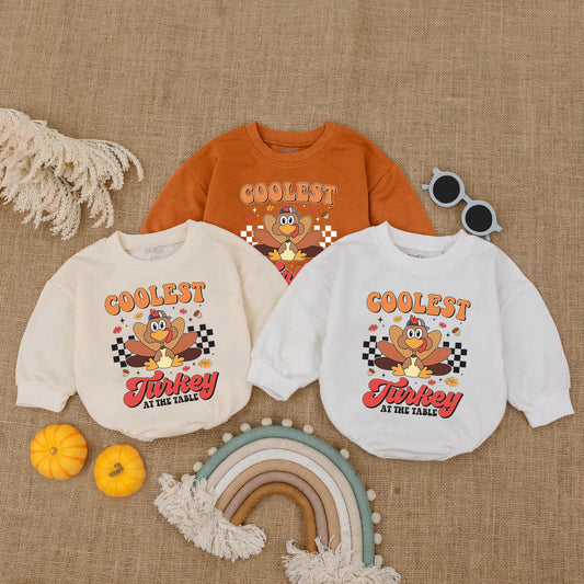 Coolest Turkey at the Table Bubble Romper Vintage Fall Baby Outfit Thanksgiving Outfit Toddler Infant Clothes Acorn Leaf Design