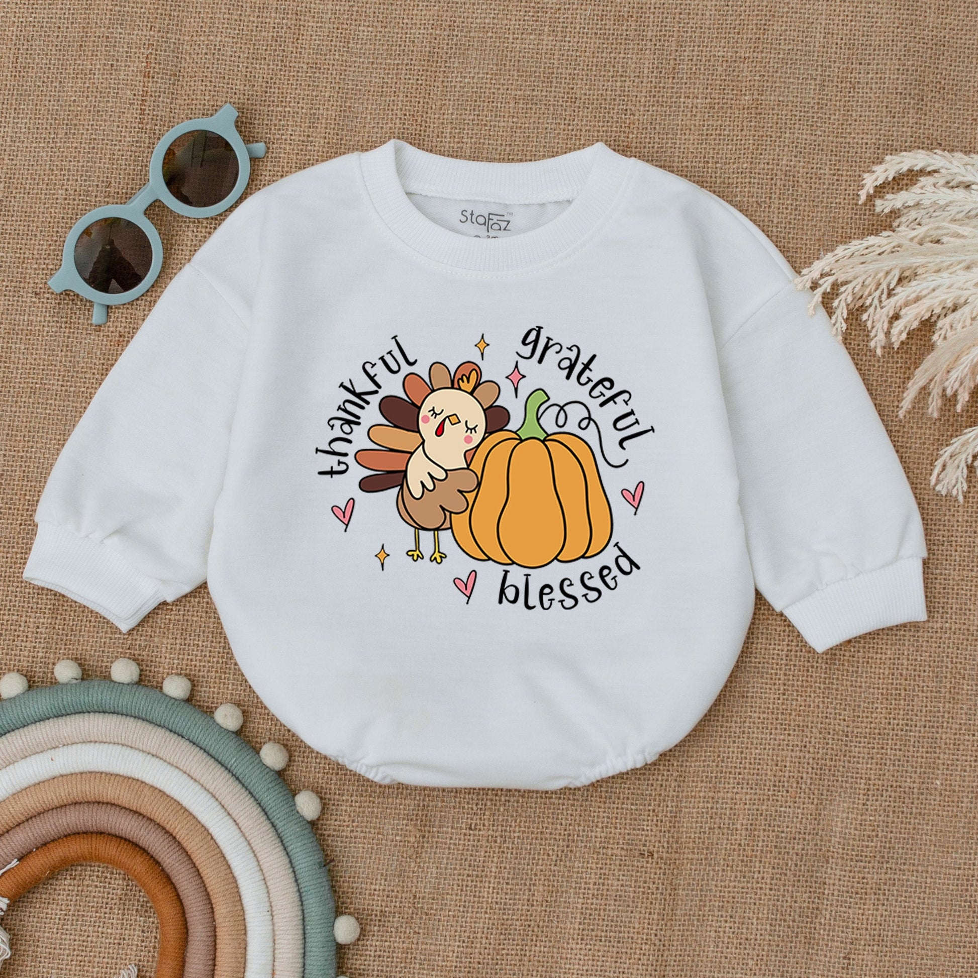 Grateful, Thankful, Blessed: Autumn Pumpkin Turkey Baby Romper