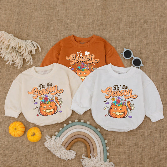 Tis the Season Halloween Baby Romper First Boo Outfit Candy Pumpkin Jack-o'-Lantern Bodysuit Retro Newborn Shower Gift Spooky Cute Clothes 138