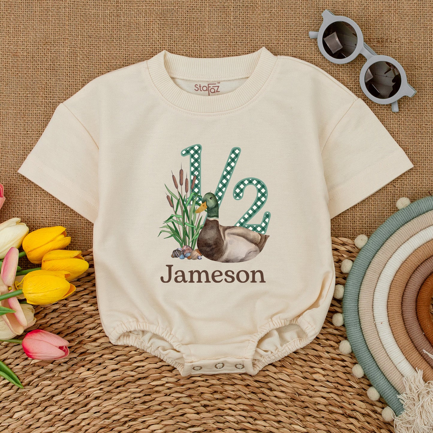 Lucky Duck Half Birthday Romper Mallard Duck Gingham 1/2 Design Jameson Brown Serif Soft Cotton Bubble Short Sleeve Celebration Gift for Baby