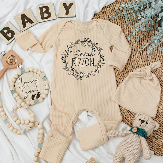 Personalized Sarah Rizzon Baby Romper - Botanical Wreath Design Soft Long Sleeve Newborn Outfit Gift for Baby Boy or Girl