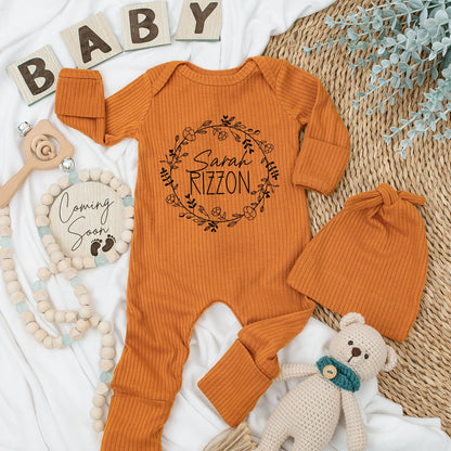 Personalized Sarah Rizzon Baby Romper - Botanical Wreath Design Soft Long Sleeve Newborn Outfit Gift for Baby Boy or Girl