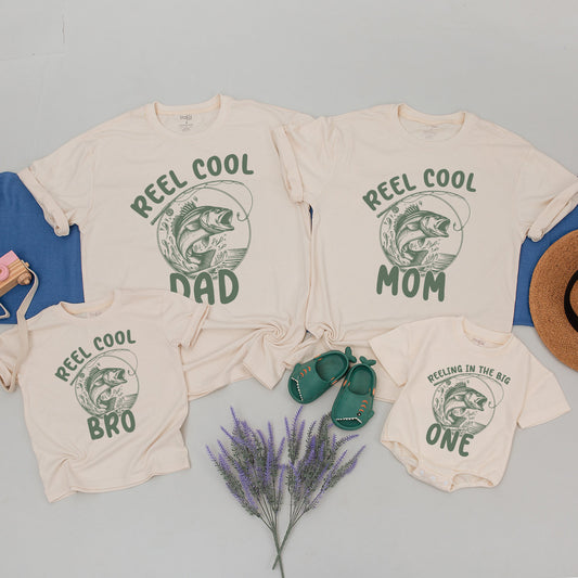 Reel Cool 1st Birthday Fishing Shirt Baby Boy Rustic Bass Family Matching Tee Outfit Muted Olive Vintage Design Short Sleeve Comfortable