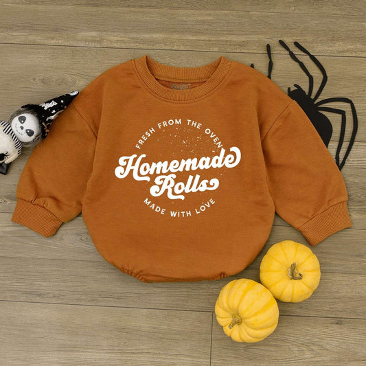 Fresh From the Oven Baby Romper Homemade Rolls Thanksgiving Outfit Retro Fall Toddler Sweater Funny Autumn Kids Clothes Made with Love Baby Shower Gift (138 chars)