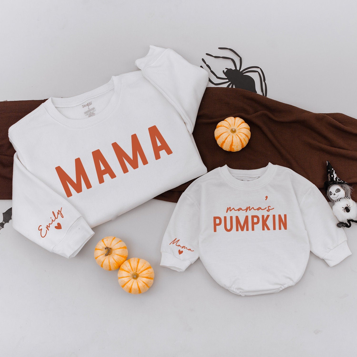 Pumpkin Patch Family Outfit: Mama Sweatshirt & Baby Romper Set  