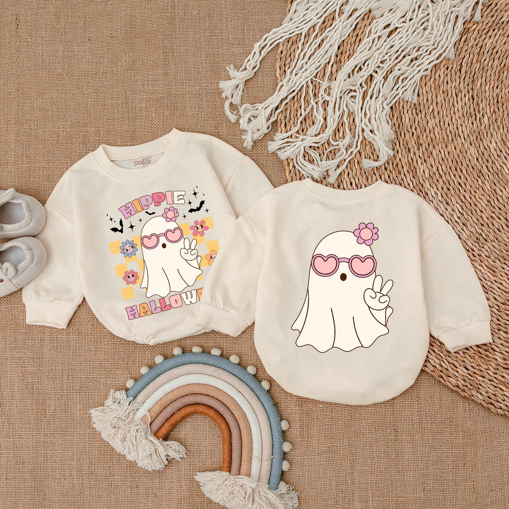 Retro Ghost Halloween Baby Girl Clothes Heart Sunglasses Bodysuit Vintage Flowers Stars Bats Romper First Halloween Outfit