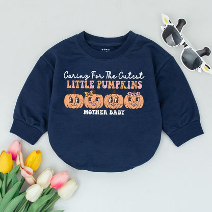 Caring For The Cutest Little Pumpkins Baby Romper Cute Fall Bodysuit Vintage Halloween Thanksgiving Outfit Pink Orange Brown Infant Gift