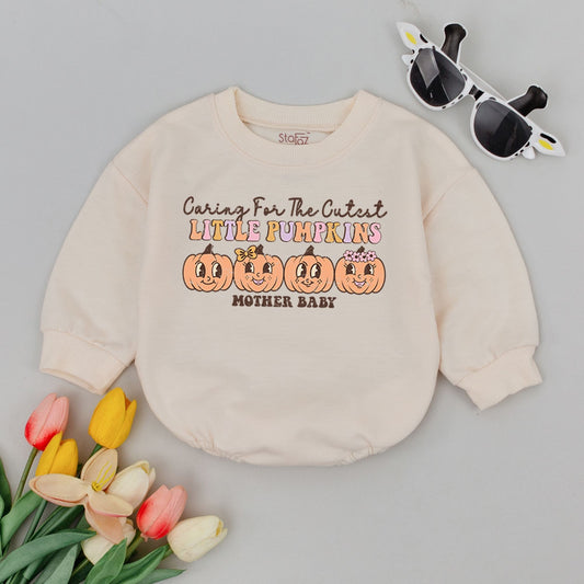 Caring For The Cutest Little Pumpkins Baby Romper Cute Fall Bodysuit Vintage Halloween Thanksgiving Outfit Pink Orange Brown Infant Gift