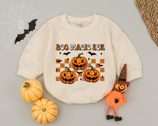Boo Magic Eek Baby Romper Spooky Pumpkin Halloween Outfit Retro Vintage Design Adorable Infant Toddler Costume Sweet Fall Gift