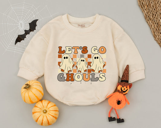Let's Go Ghouls Baby Romper Groovy Halloween Outfit Retro Ghost Costume Fall Clothes Toddler Girl Boy Infant Shower Gift Brown Orange Cream Spiderwebs (138)