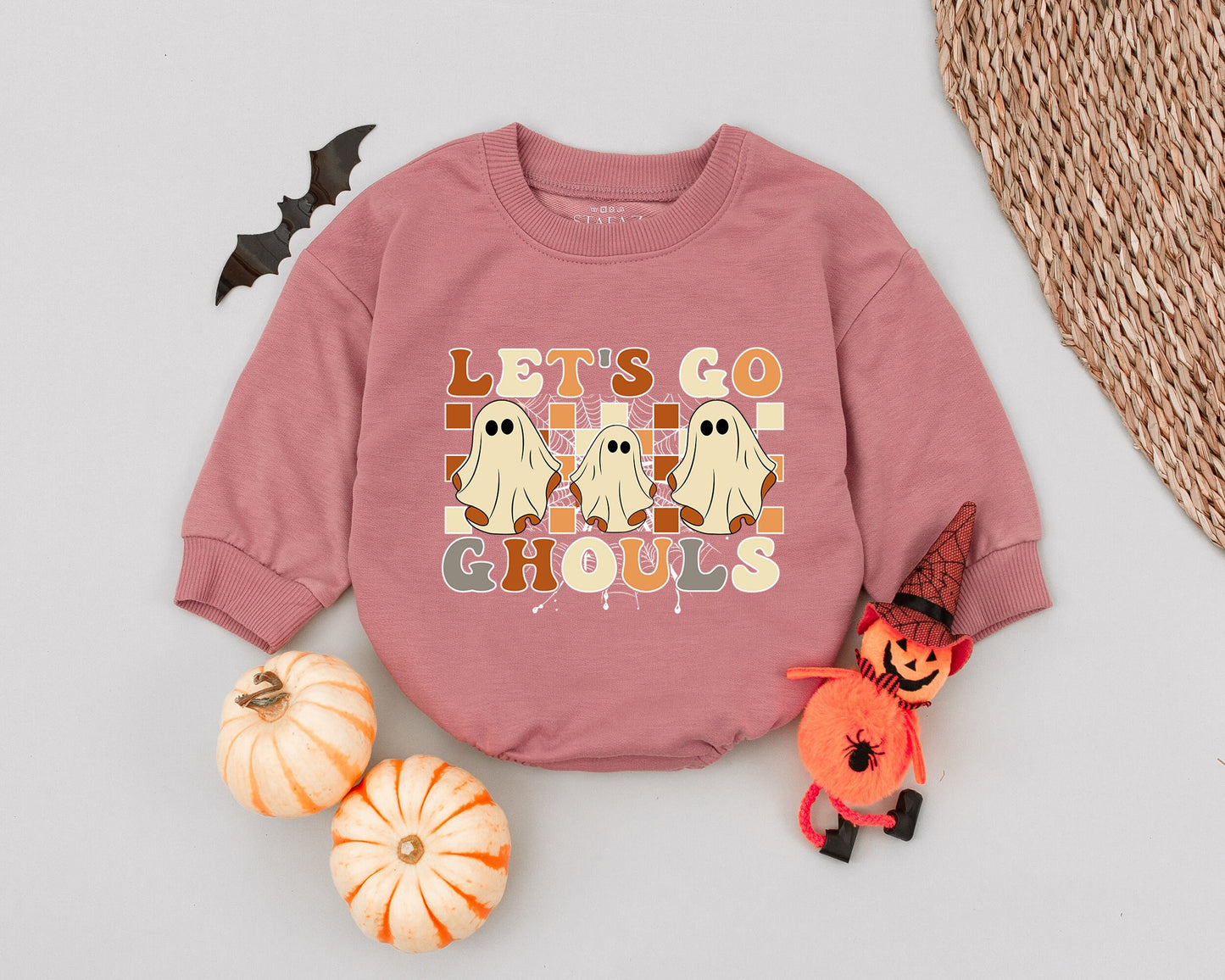 Let's Go Ghouls Baby Romper Groovy Halloween Outfit Retro Ghost Costume Fall Clothes Toddler Girl Boy Infant Shower Gift Brown Orange Cream Spiderwebs (138)