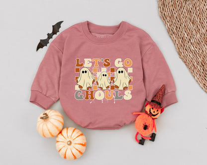 Let's Go Ghouls Baby Romper Groovy Halloween Outfit Retro Ghost Costume Fall Clothes Toddler Girl Boy Infant Shower Gift Brown Orange Cream Spiderwebs (138)