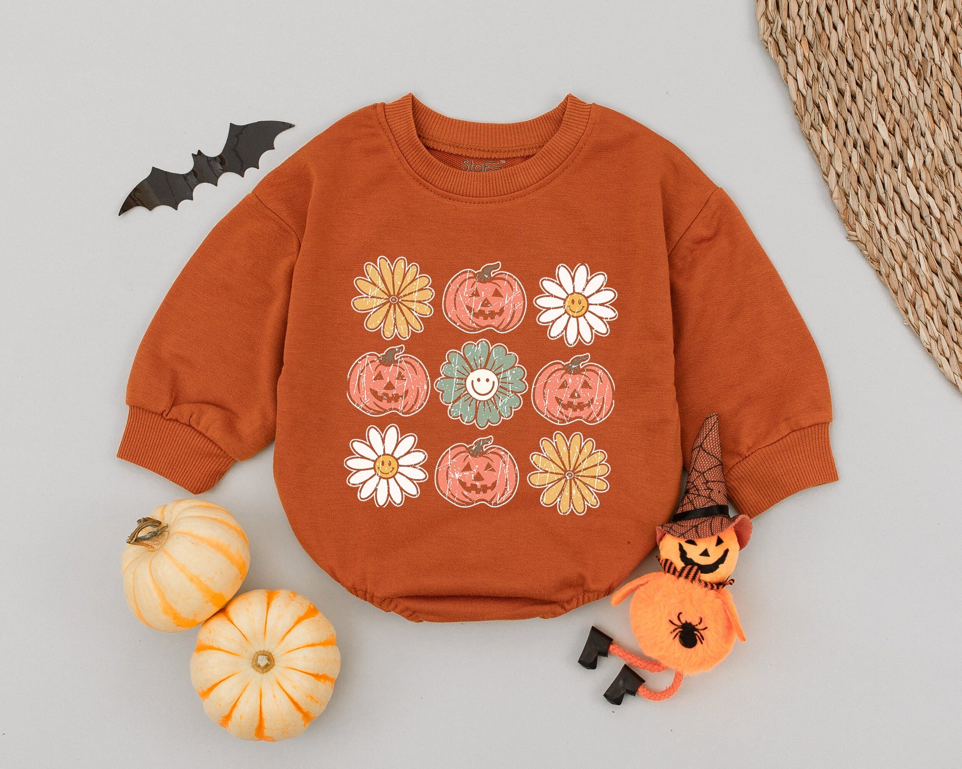 Retro Pumpkin Patch Baby Romper, Vintage Halloween Outfit, Whimsical Floral, Toddler Autumn Clothes, Spooky Cute Newborn Outfit 132 Characters