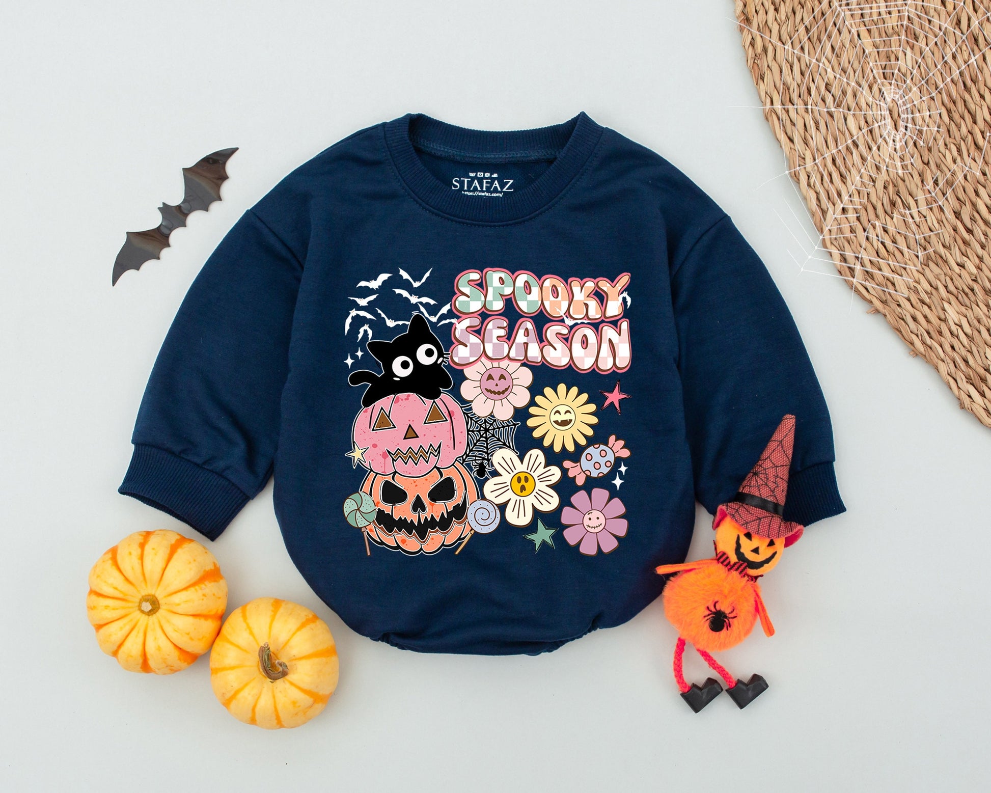 Spooky Season Pumpkin Cat Baby Romper Cute Halloween Outfit Toddler Fall Clothes Newborn Bodysuit Bubble Romper Pastel Flowers Candy Spiderweb Bat Silhouettes