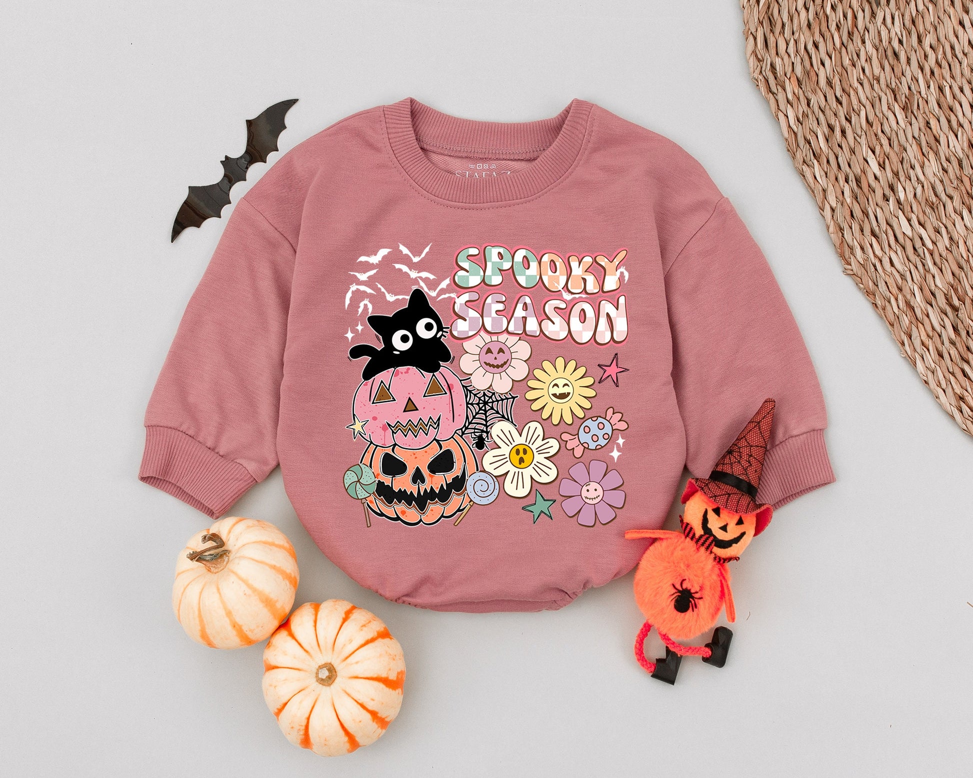 Spooky Season Pumpkin Cat Baby Romper Cute Halloween Outfit Toddler Fall Clothes Newborn Bodysuit Bubble Romper Pastel Flowers Candy Spiderweb Bat Silhouettes