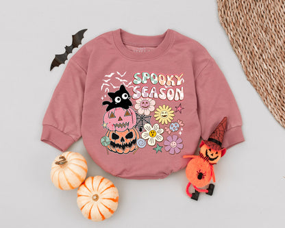 Spooky Season Pumpkin Cat Baby Romper Cute Halloween Outfit Toddler Fall Clothes Newborn Bodysuit Bubble Romper Pastel Flowers Candy Spiderweb Bat Silhouettes